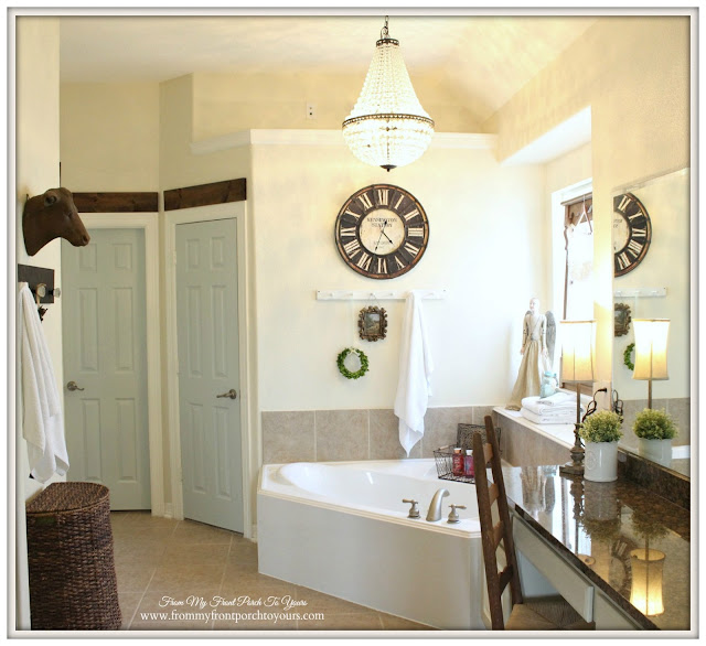 Mia Pottery Barn Chandelier-Antique farmhouse Clock-Farmhouse Master Bathroom- From My Front Porch To Yours