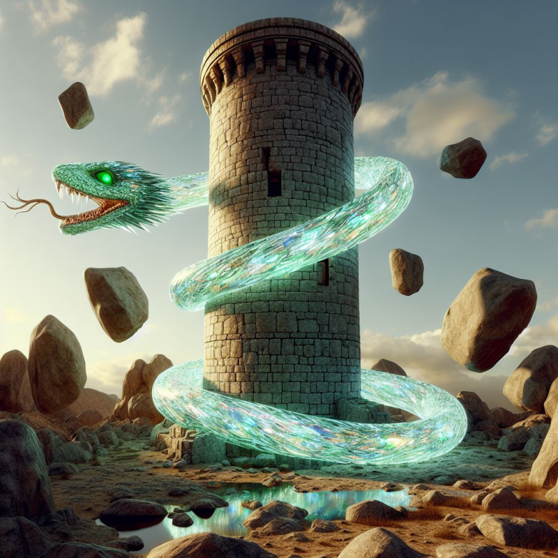 A giant, luminous snake guards the tower in which Brand is held prisoner. Generated with DALL-E.