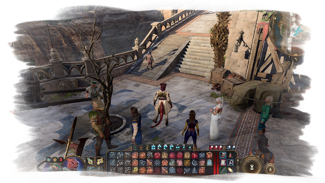 A picture within the city of Baldur's Gate. Characters are standing around a dead tree looking towards a set of stairs, half of which have been covered by a sturdy looking wooden ramp.