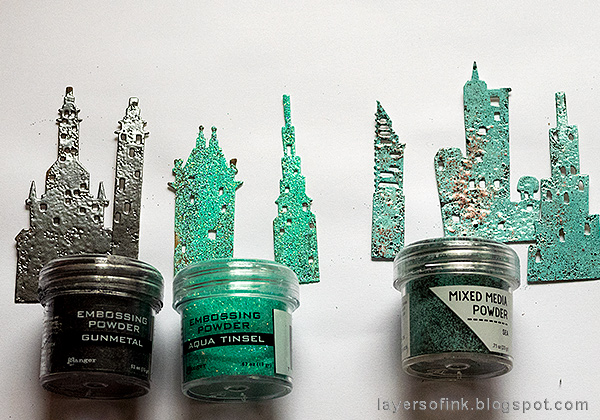 Layers of ink - Embossed Cityscape Tutorial by Anna-Karin Evaldsson, emboss the buildings with Ranger embossing powders.