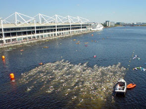 a seething wave of triathletes in Royal Victoria Dock