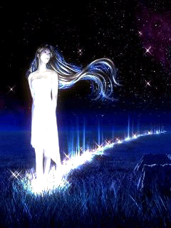 fairy angel in a nighttime grassy field glowing beautiful white light