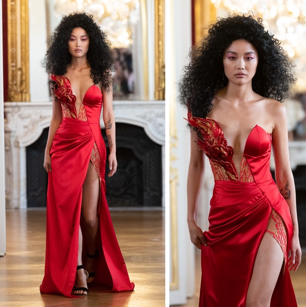 Robe de soirée rouge, défilé automne hiver 2022-2023 La Metamorphose, Fashion Week Paris