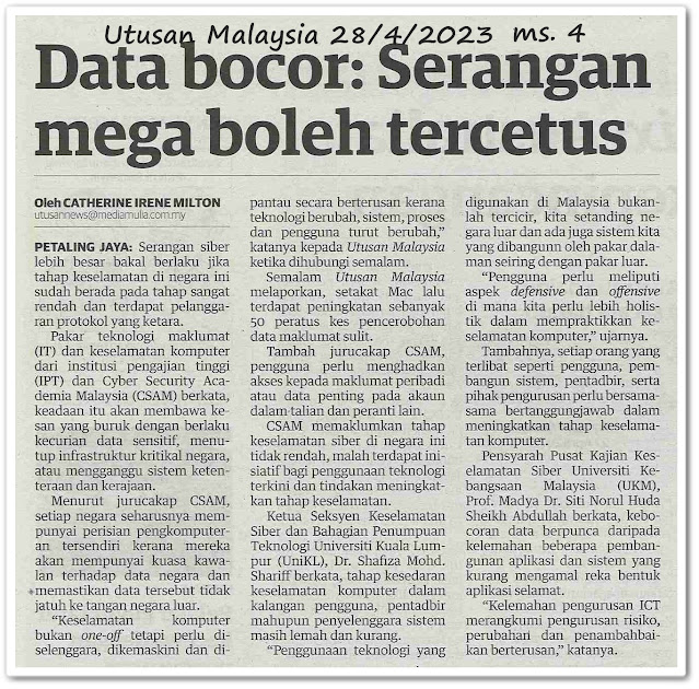 Data bocor : Serangan mega boleh tercetus  - Keratan akhbar Utusan Malaysia 28 April 2023