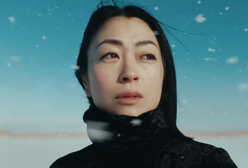 A screenshot of Hikaru Utada in the music video for "Nani Iro Demo Nai Hana". Featuring a close-up of Hikaru’s face as flakes of snow blow in the wind. The music video was shot on a frozen lake in Hokkaido, Japan.