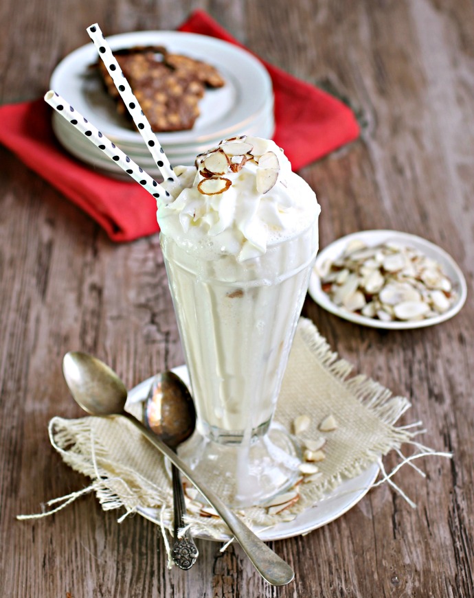 Recipe for a vanilla ice cream milkshake flavored with bourbon and marzipan syrup.