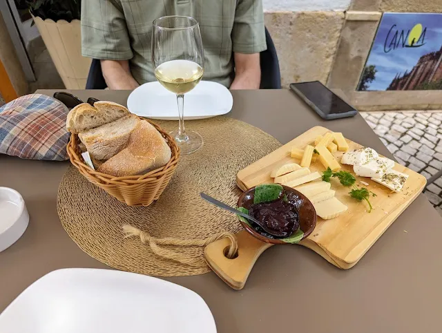 Bread cheese and wine at Canoa wine bar in Tomar Portugal