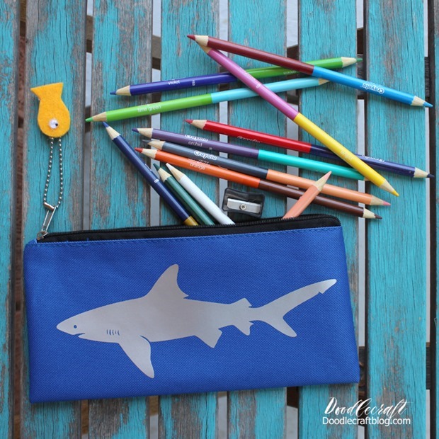 shark week crafts art projects kids fun back to school pencil case bag with htv vinyl great white shark diy doodlecraft (2)