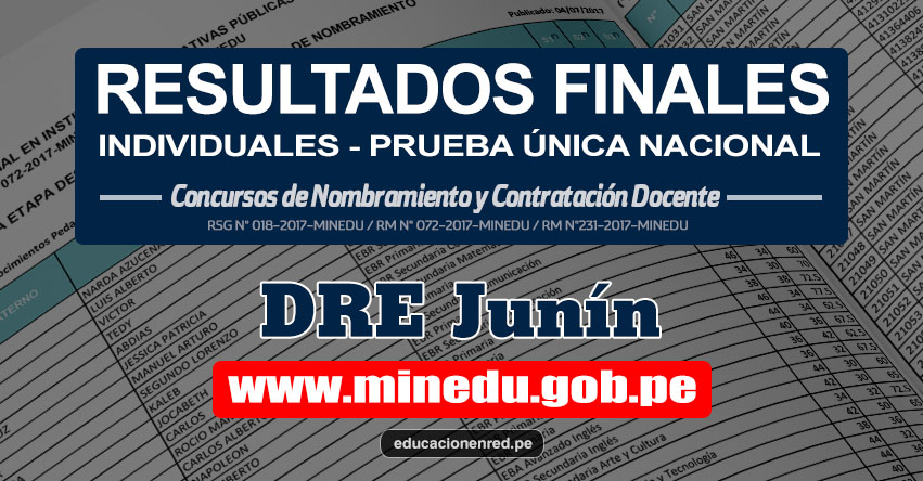 DRE Junín: Resultado Final Individual Prueba Única Nacional y Relación de Postulantes Habilitados para Etapa Descentralizada Nombramiento Docente 2017 - MINEDU - www.drejunin.gob.pe