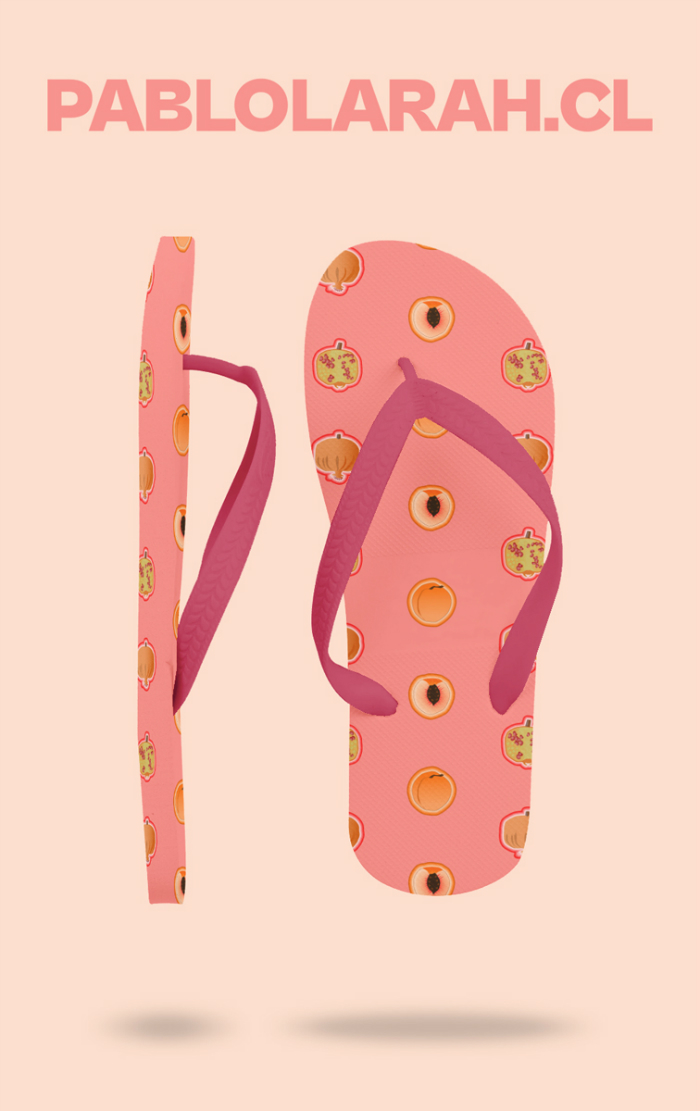Flip flops with peach and pomegranate pattern