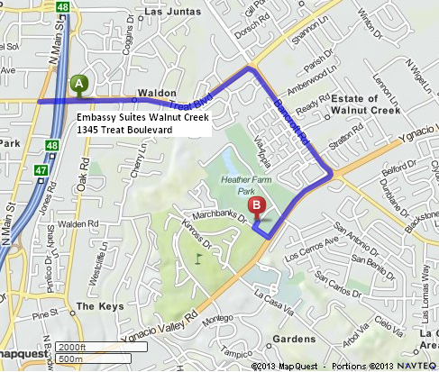 Map Quest directions from Embassy Suites Walnut Creek to Art and Wine Festival at Heather Farm Park