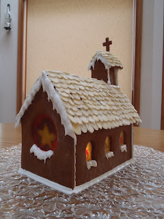 A rear-view of the finished gingerbread church