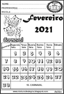 Calendário de 2021 para imprimir fevereiro