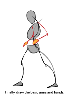 Draw the arms and hands, attaching the shoulders to the ribcage.