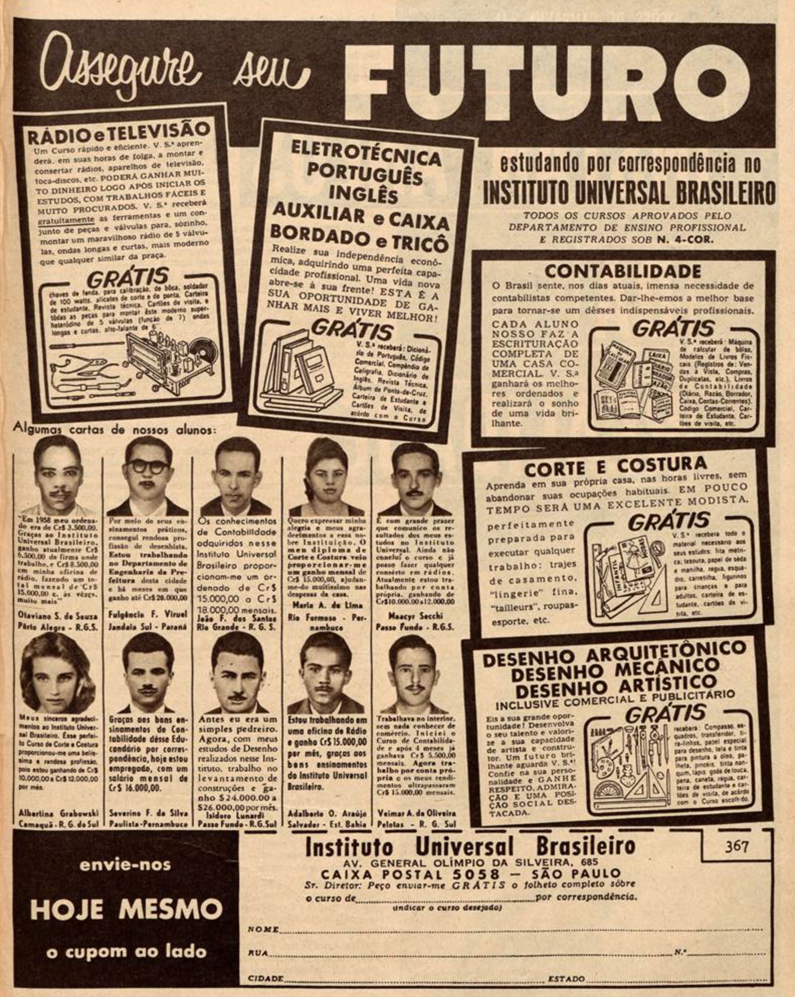 Anúncio antigo Instituto Universal Brasileiro com várias opções de cursos em 1960