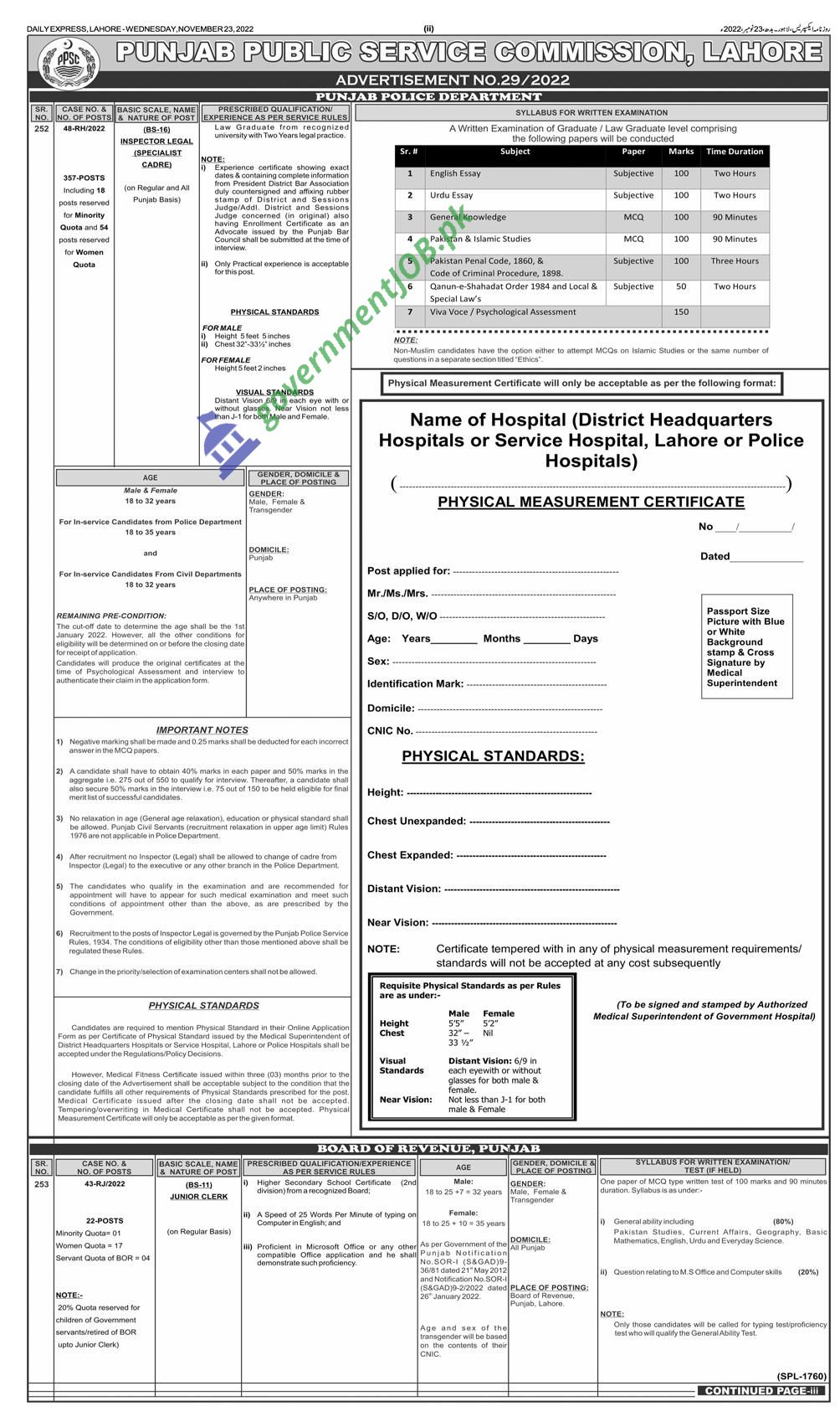 PPSC Punjab Police Jobs 2022 | 357 Posts for Legal Inspectors