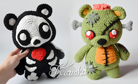 Krawka: Skeleton monster and zombie teddy bear, creepy and cute Halloween crochet pattern by Krawka https://www.etsy.com/pl/listing/742631971/crochet-pattern-no-1918-skeleton-teddy?ref=shop_home_feat_2