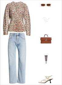 Fancy Denim Outfit Idea — Spring Style — Pleated Top, White Rectangular Sunglasses. Threader Earrings, Cafune Stance Wallet Bag, Saie Slip Tint Tinted Moisturizer, Agolde 90s Straight Legs Jeans, and White Strappy Sandals
