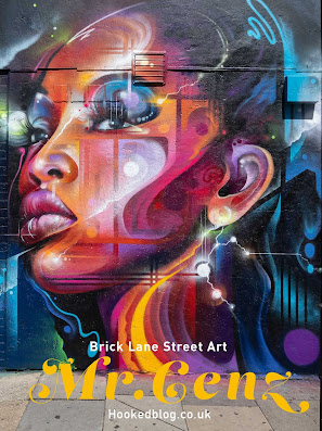 London based Graffiti Artist Mr. Cenz returns to Shoreditch to paint a futuristic Brick Lane street art portrait mural on Bacon Street. #streetart #murals #Hookedblog