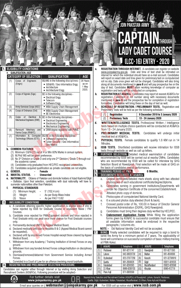 Join Pak Army through Lady Cadet Course 2020 (9 Dec 2019)