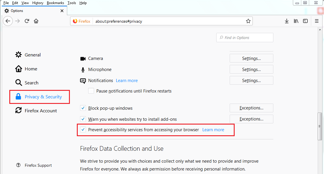 تعطيل خدمات الوصول في متصفح فايرفوكس