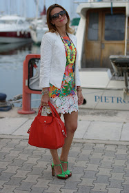 Longchamp Le cuir bag in paprika, mini dress with tropical print, Gaia d'Este green heels, Fashion and Cookies