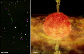 Izquierda: imagen en longitudes de onda ópticas e infrarrojas de BP Psc, en la que se ven claramente los chorros que emite. Derecha: Impresión artística de BP Psc
