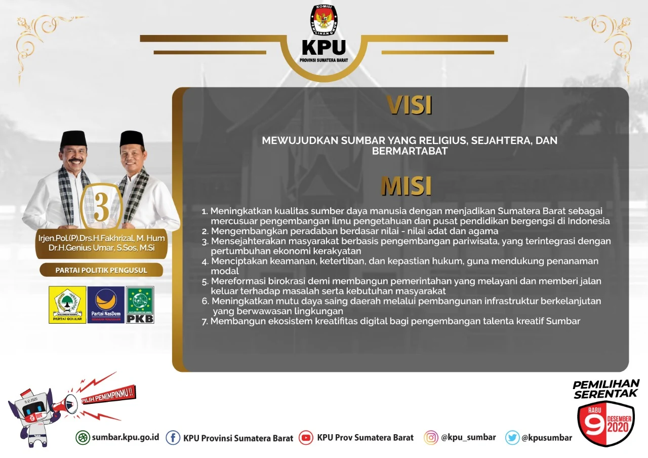 Infografis: Visi Misi Pasangan Calon Gubernur dan Wakil Gubernur Provinsi Sumatera Barat