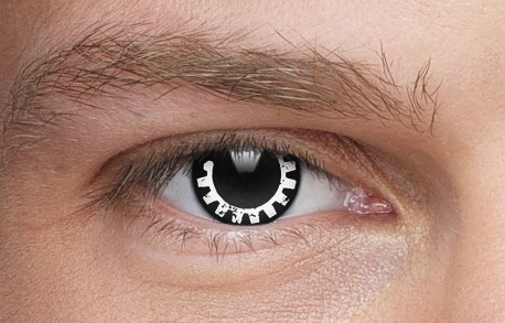 Black and white steampunk contact lenses that look like a gear or cogwheel. steampunk contacts for men and women