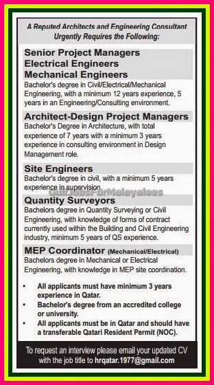 Reputed Engineering consultant co Job Vacancies for Qatar