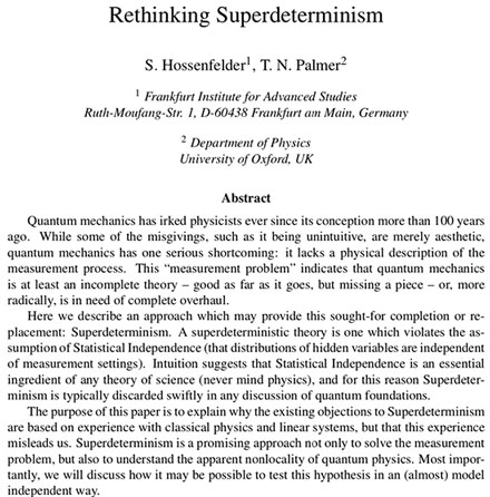 Abstract for paper explaining superedeterminism (Source: Hossenfelder & Palmer, arXiV:1912.06462v1)