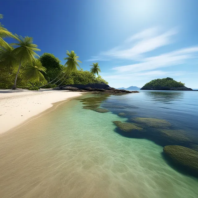 Relajante isla tropical, playa y palmeras