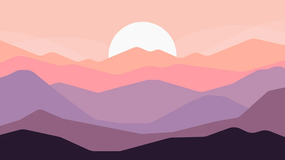 Minimalist mountain landscape at sunset with layered hills in shades of purple and pink under a pastel sky.