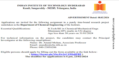 Research Assistant - Chemical and Mechanical Engineering Jobs in Indian Institute of Technology, Hyderabad