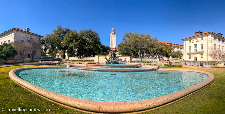 We took bus number 801 from Domain which drops just in front of University campus. Then we started walking and exploring the campus. We had no specific agenda in the unversity except Harry Ransom Center, where we wanted to see oldest surviving photograph. Above photograph shows a huge water body with interesting fountains around it. Littlefield Fountain is a World War I memorial monument designed on the main campus of the University of Texas at Austin in Austin, Texas, at the entrance to the university's South Mall. Completed in 1933, the monument is named after university regent and benefactor George W. Littlefield, whose donation paid for its design and construction.  Related Blogpost - The Beautiful Cathedral of Saint Mary - A brilliant architecture in the middle of the Austin downtown, Texas   The University of Texas at Austin is a public research university in Austin, Texas. UT was founded in 1883 and is the oldest institution in the University of Texas System. With over 50,000 undergraduate and graduate students and over 24,000 faculty and staff, it is also the largest institution in the system.