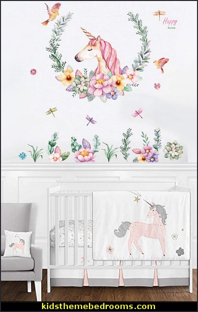 Unicorn Flower Decorative wall Stickers for Childrens Bedrooms, Nursery, Playrooms  unicorn bedding - unicorn decor - unicorn bedroom ideas - unicorns - Unicorn & Rainbows bedrooms -  unicorn duvet - fantasy theme bedroom decorating ideas - fairytale bedrooms decor - pegasus decor - unicorn wall murals - Unicorn bedroom decor - unicorn wall decals