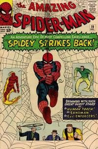 Amazing Spider-Man #19, Spider-Man swings out of the cover at us, the Sandman, Enforcers, Human Torch, Steve Ditko