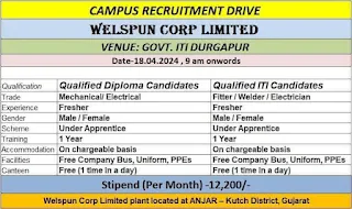 ITI And Diploma Jobs Campus Placement for Welspun Corp Limited at Government ITI Durgapur, West Bengal