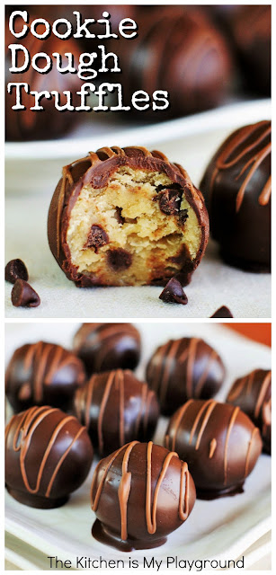 Chocolate Chip Cookie Dough Truffles ~ Do you like eating cookie dough better than the actual baked cookies? Then Chocolate Chip Cookie Dough Truffles are for you! They're the perfect treat for the cookie dough lover. #cookiedough #chocolatechipcookiedough #cookiedoughtruffles  www.thekitchenismyplayground.com