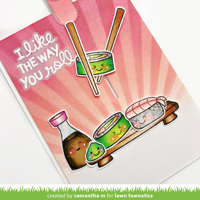 I Like the Way You Roll Card by Samantha Mann for Lawn Fawnatics Challenge, Lawn Fawn, Distress Inks, Birthday Card, Card Making, Interactive, Pull Tab, #lawnfawnatics #lawnfawn #distressinks #sushi #cardmaking #birthdaycard