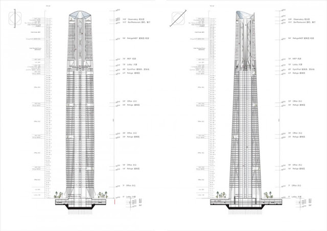 Diagrams of two different skyscrapers showing their floors