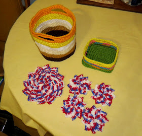 crocheted baskets and mats