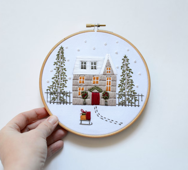 winter christmas house scene embroidery