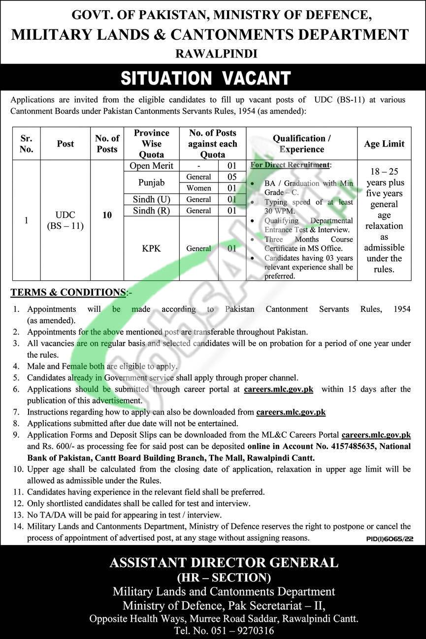 Military Lands & Cantonment Department Jobs 2023 Ministry of Defence Latest