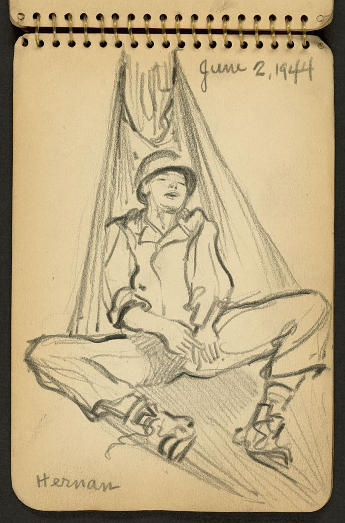 21-Year-Old WWII Soldier’s Sketchbooks Show War Through The Eyes Of An Architect - Soldier Sleeping In Hammock While Stationed At Fort Jackson, South Carolina
