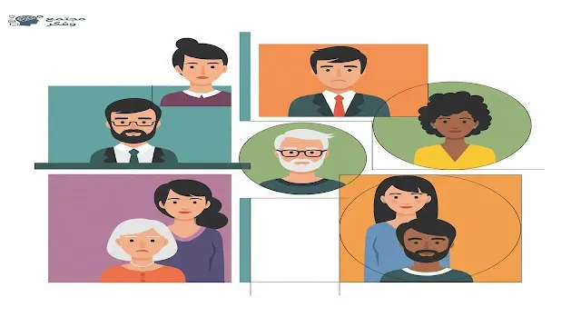 صورة رمزية تظهر مجموعة من الأشخاص يتم تصنيفهم ووضعهم في مربعات أو دوائر مختلفة بناءً على سمات معينة، مع وجود حواجز أو فجوات بين هذه الفئات، ترمز إلى نظرية الفئات الاجتماعية وأثرها على التمييز.