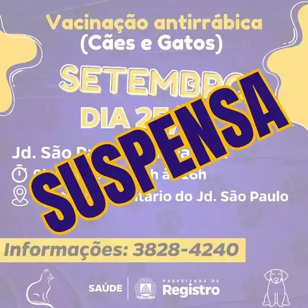 Vacinação Antirrábica suspensa no dia 25-9 em Registro-SP