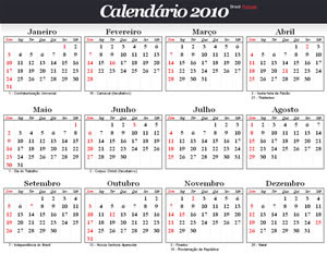 Calendário 2010 e seus feriados no Brasil