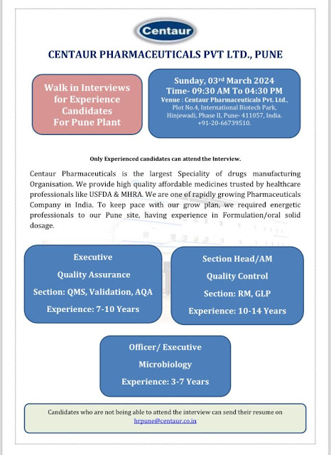 Centaur Pharma Walk In Interview For QA/ QC/ Microbiology