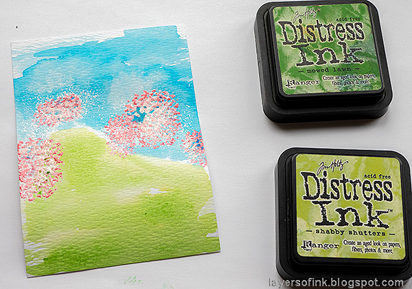 Layers of ink - Cherry Blossom Tree Tutorial by Anna-Karin Evaldsson. With Simon Says Stamp All Seasons Tree stamp set. Watercolor the background.